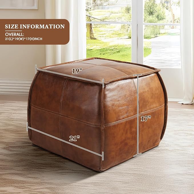 Leather Ottoman, Handmade Stuffed Square Ottoman, Genuine Leather Pouf - Image 2