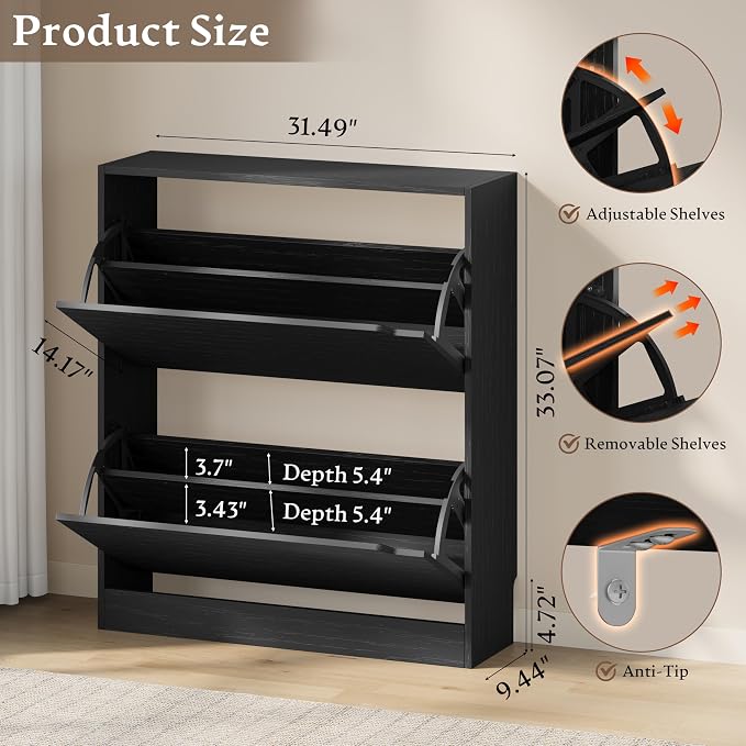BORNOON Shoe Cabinet with 2 Flip Drawers, Slim Narrow Shoe Storage Cabinet - Image 2