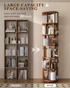 6 Tier Solid Wood Rotating Bookshelf on Wheels, 360° Spinning Book Shelf Tower - Image 3