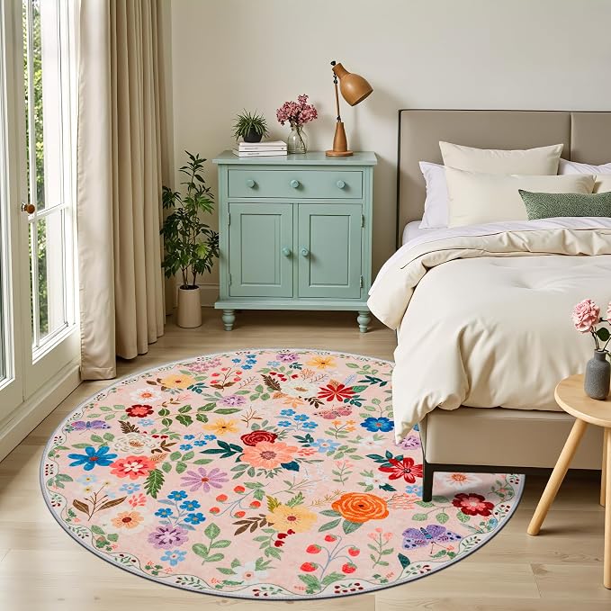 PLHXFR Round Area Rug Living Room: 6 ft Floral Washable Soft Carpet Beige | - Image 3