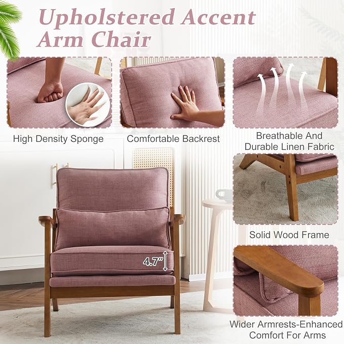 VINGLI Solid Wood Wide Armrests Accent Chair Set of 2, Upholstered Mid Century - Image 5