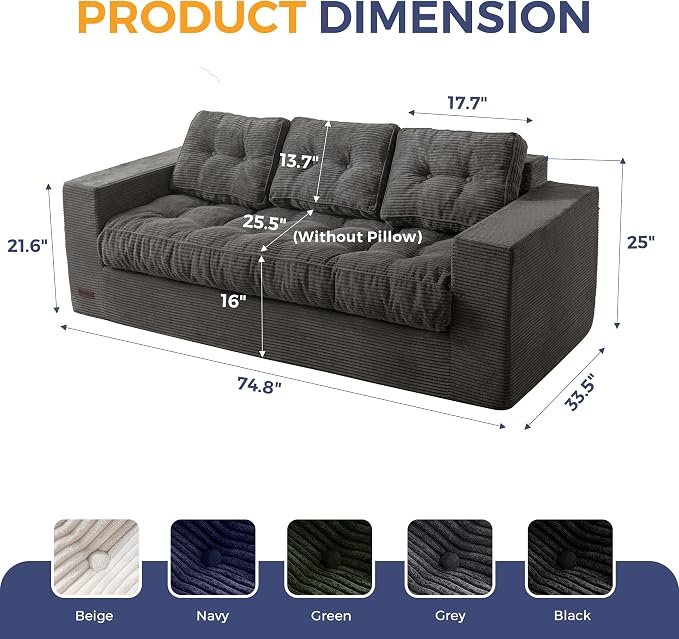 MAXYOYO Oversized Loveseat Sofa Couch, Upholstered Bean Bag Chair Cloud 3-Seat - Image 2