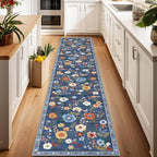 Floral Washable 2x6 Area Rugs Runner Entryway Hallway Blue/Grey | Flower Carpet - Image 6