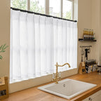 White Linen Kitchen Window Curtains 2 Panels Pinch Pleated 24 Inch Length | - Image 6