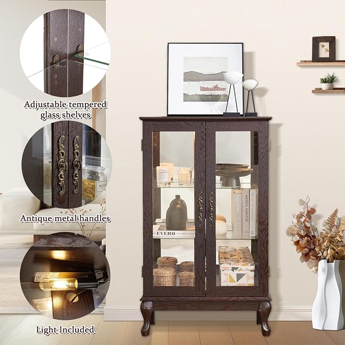Curio Cabinet with Lighted Display, Glass Display with Mirrored Back, Vintage - Image 3