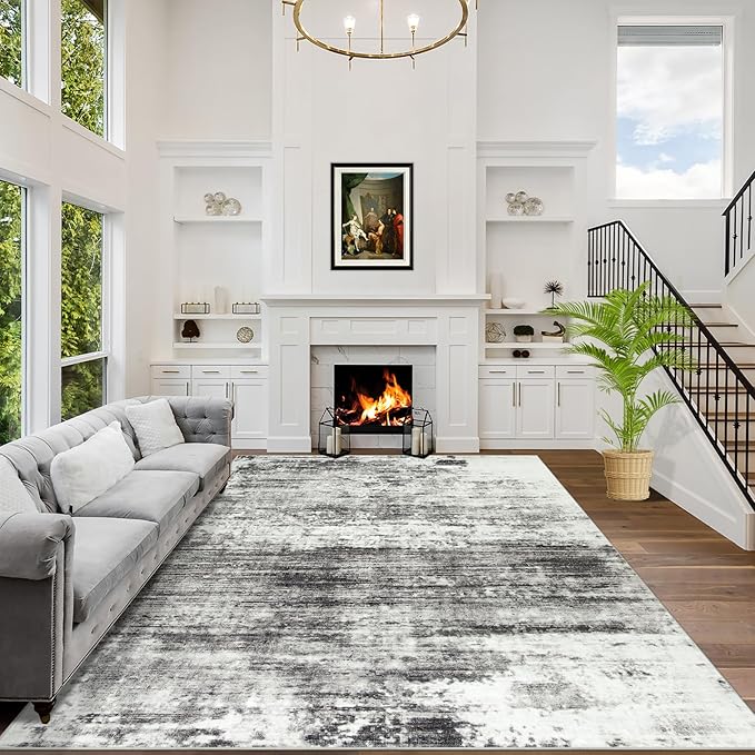 10x14 Area Rugs for Living Room: Washable Abstract Black Grey Carpet | Non-slip by GENTDRIZZ
