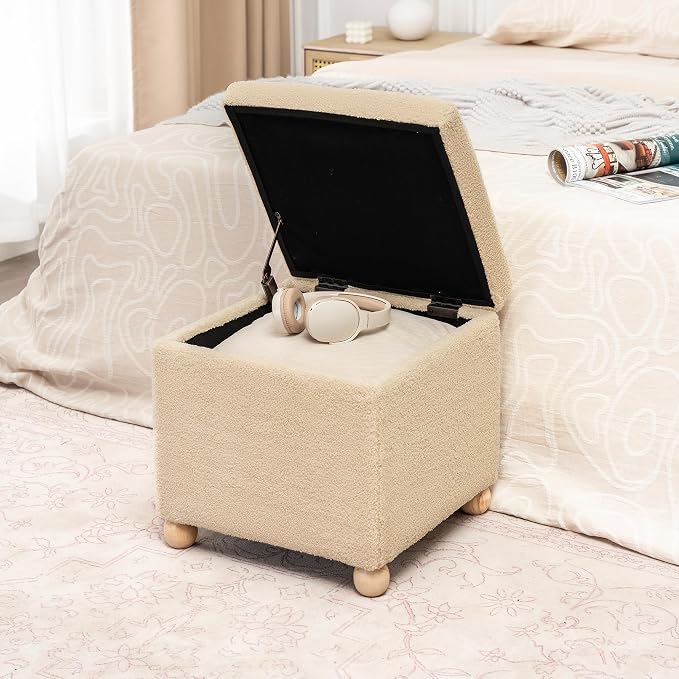 Adeco 17.3" Modern Oatmeal Teddy Velvet Storage Ottoman, Upholstered Cube Foot - Image 3