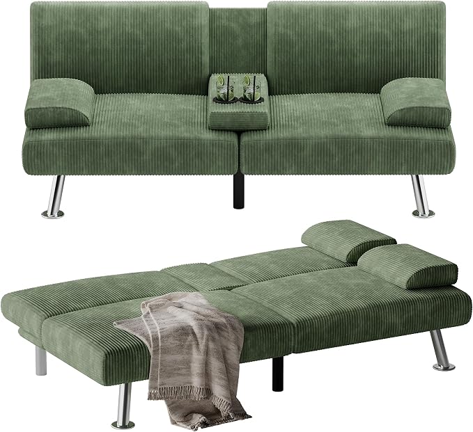 Flamaker Futon Sofa Bed Corduroy Folding Couch Adjustable Sleeper Sofa Bed by Flamaker