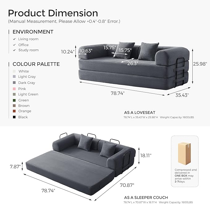 79" Convertible Sofa Bed with Fixed-Shape Frame & Removable Armrests, Modular - Image 3