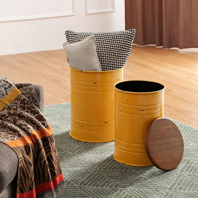 Glitzhome Rustic End Table Set of 2, Farmhouse Galvanized Metal Barrel Ottoman - Image 9