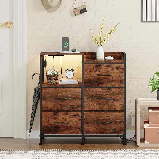 Somdot Nightstand with Charging Station and LED Light, Wide 5 Drawers Dresser - Image 9
