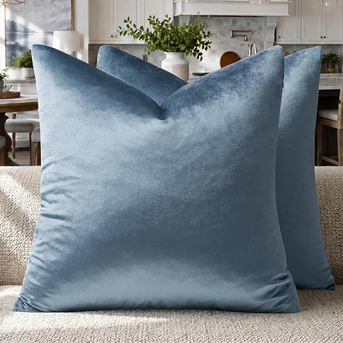 GIGIZAZA Stone Blue Velvet Decorative Throw Pillow Covers 18x18 by GIGIZAZAFocusingonhomedecoration