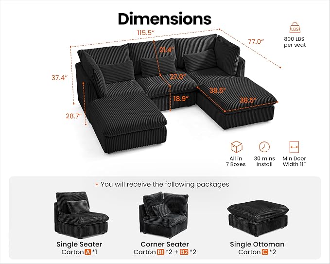 115" Oversized Corduroy Couch Modular Sectional Sofa, Washable Cloud Couch - Image 2