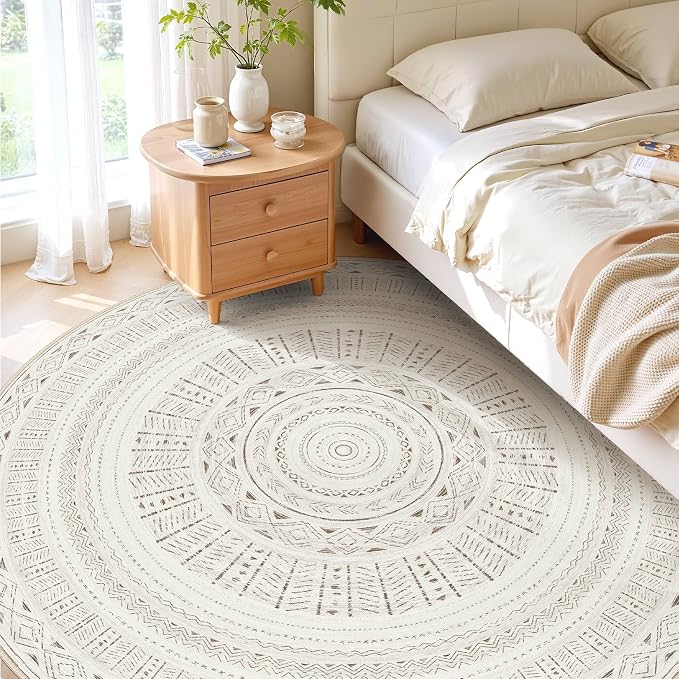 cotiled 8x8 Round Rug 8ft Circle Living Room Boho Area Rugs | Washable Foldable - Image 2