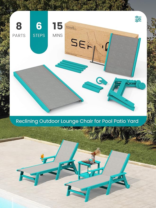 SERWALL Textilene Patio Chaise Lounge Chair, 5 Positions Adjustable Outdoor - Image 8
