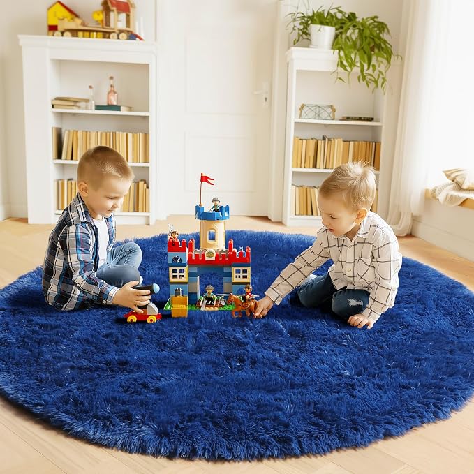 Navy Blue Round Rugs 6ft for Living Room Bedroom, Fluffy Circle Area Rug for - Image 3