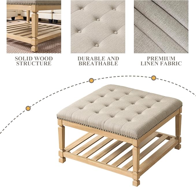 Befurtori Large Square Ottoman Coffee Table, Linen Solid Upholstered Footrest - Image 6