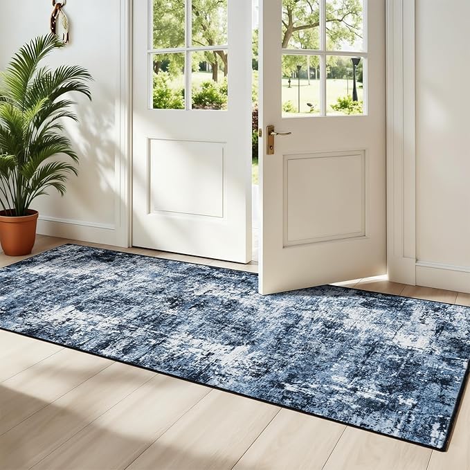 Rugflix 2x5 Runner Rug for Hallway, Washable Navy Blue Kitchen Runners | by RugflixAreaRugs
