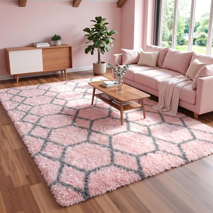 7x9 Area Rugs for Living Room Bedroom, Fluffy Pink and Grey Geometric Rug | - Image 5