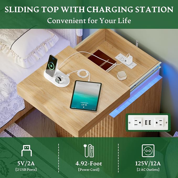 Xixini Nightstand with Charging Station and LED Lights, Fluted Night Stand with - Image 3