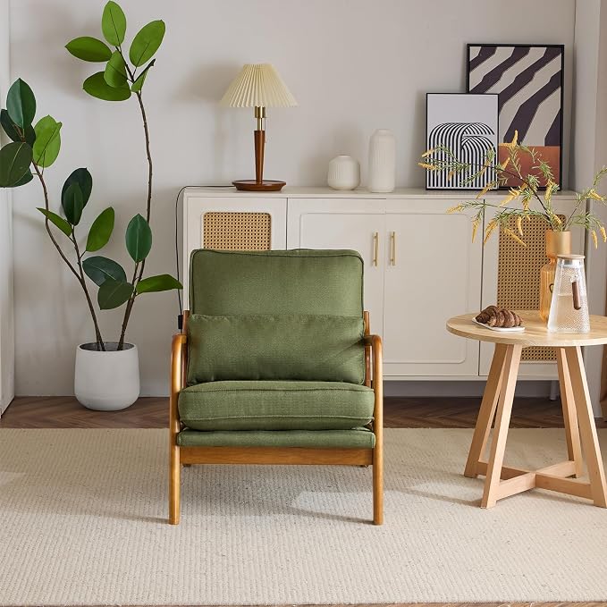 Bonnlo Dark Green Linen Mid Century Modern Accent Chair, Soild Wood Padding - Image 6