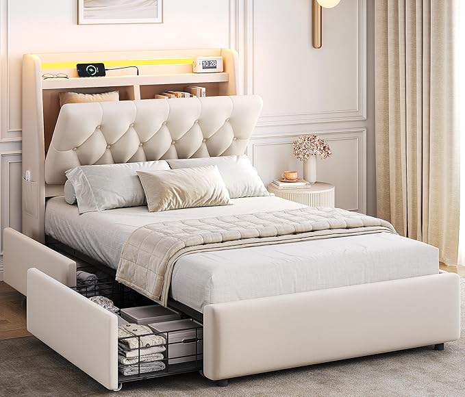 Twin LED Velvet Bed Frame with 2 Storage Drawers&Hidden Headboard, Upholstered by JOCOEVOL