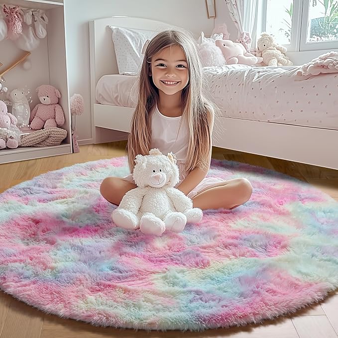 Rainbow Round Rugs 6ft for Living Room Bedroom, Fluffy Circle Area Rug for Kids - Image 8