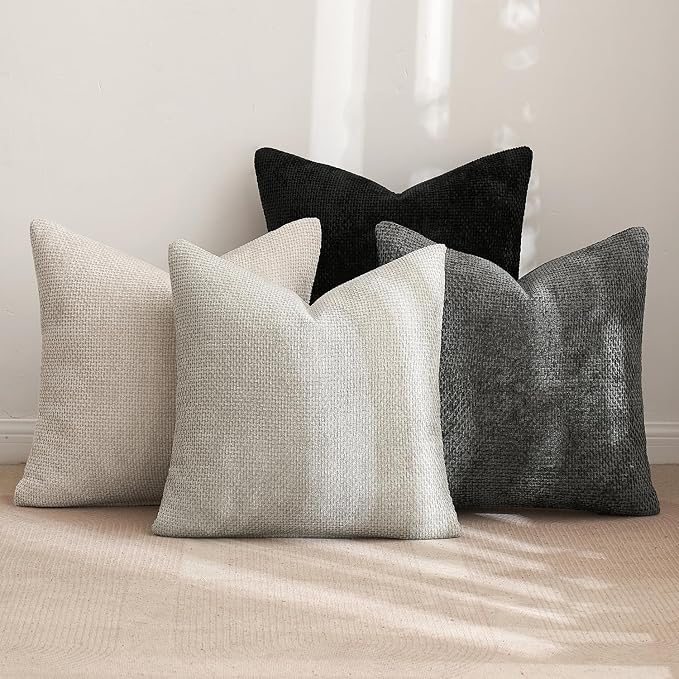 MIULEE Soft Decorative Chenille Pillow Covers Cream Grey 18x18 Pack of 4 | - Image 4