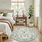 PLHXFR Round Area Rug Living Room: 4 ft Floral Washable Carpet Green Beige | - Image 3