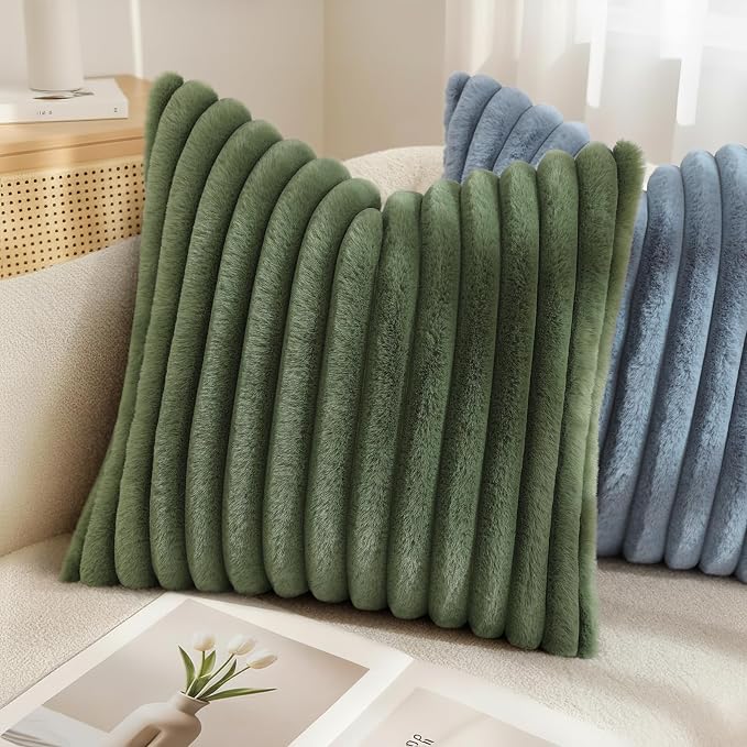 decorUhome Fall Faux Fur Throw Pillow Covers 12x20 Set of 2 Olive Green | - Image 6