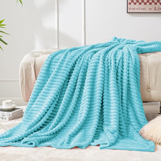 BEDELITE 3D Ribbed Light Blue Fleece Throw Blanket - Image 7