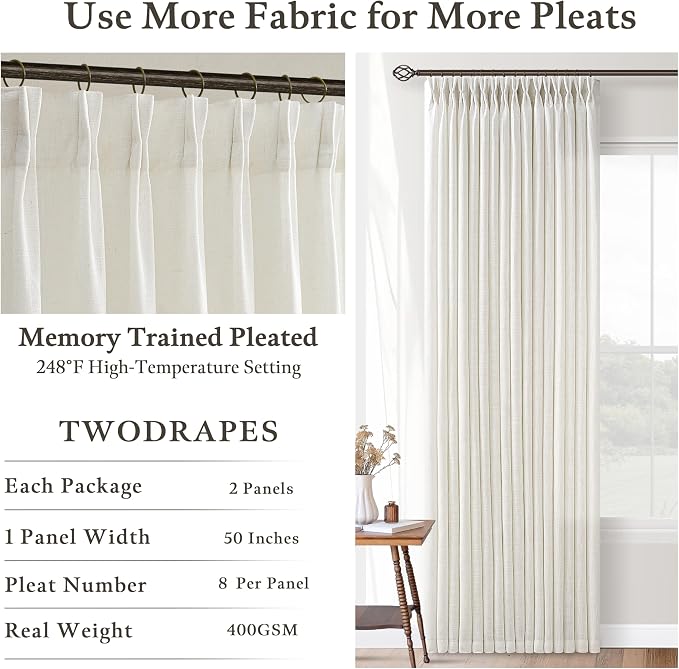 Extra Long Pleated Semi Sheer Flax Linen Curtains Cream Ivory 132 Inch Long | - Image 4