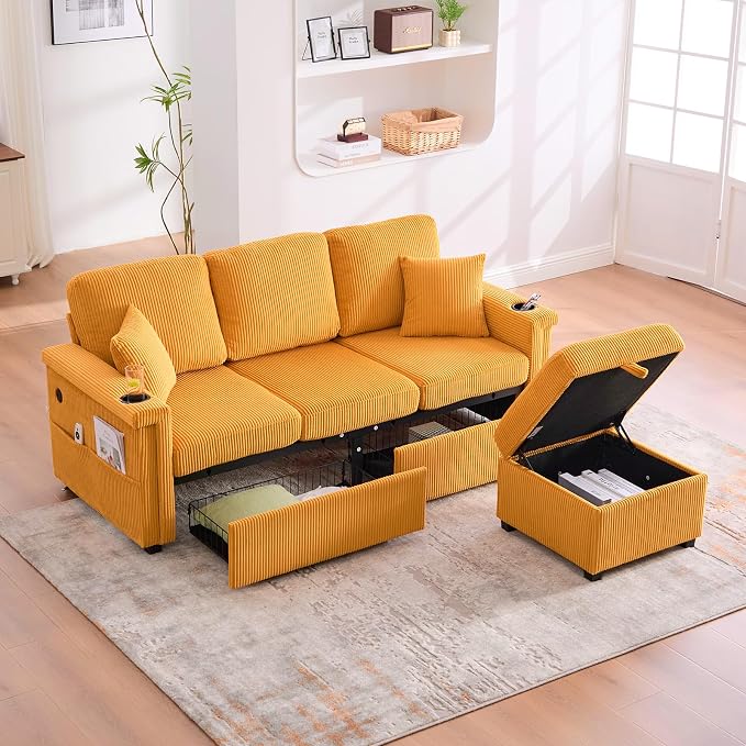 L-Shaped Sectional Sofa with Storage & Movable Ottoman, Corduroy 3 Seater by Firscook