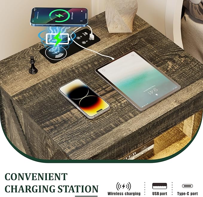 Night Stand with Gun Drawer, Bedside Table with Charger Station & LED Human - Image 3