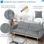 70” Velvet Futon Sofa Bed with 2 Pillows and Adjustable Armrests, Convertible - Image 4