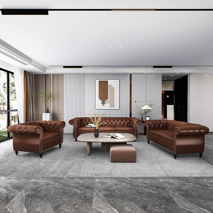 AVZEAR Chesterfield Leather Sofa 3 Seater Couch, Mid-Century Large Sofa Roll - Image 5