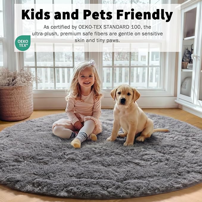Grey Round Area Rugs 5ft, Fluffy Plush Shaggy Carpet - Image 5