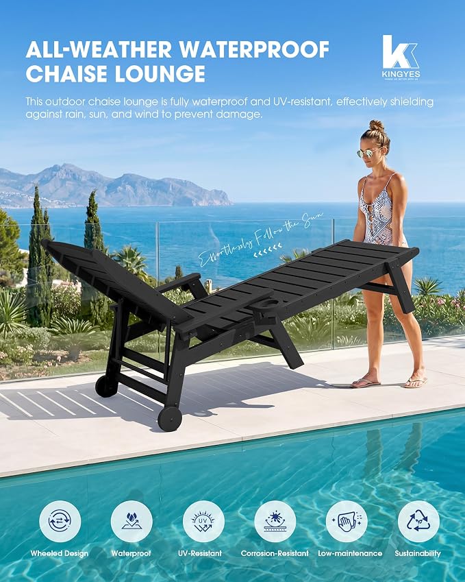 KINGYES HDPE Lounge Chair Outdoor, Patio Chaise Lounge Recliner - Image 7