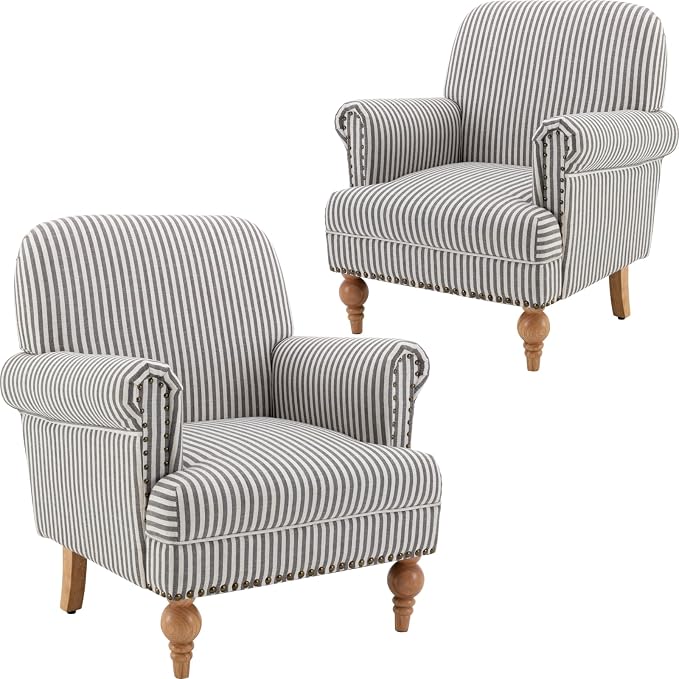 Black Striped Linen Fabric Accent Chairs Set of 2, Modern Farmhouse Upholstered by DMFurniture
