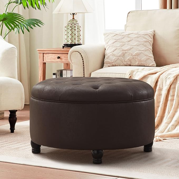 30-Inch Round Storage Ottoman, Button Tufted Ottoman Coffee Table by MIQMICMIK