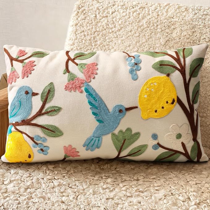 Embroidered Lumbar Pillow Cover 20x12 Inch, Bird Lemon | Decorative Throw by Kokaaee