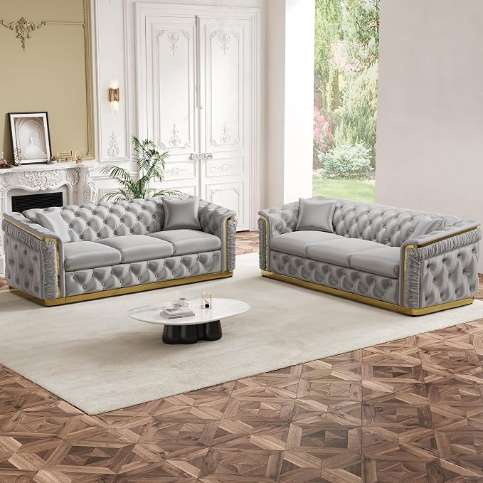Luxury Chesterfield Sofa Set of 2, Velvet Tufted Couch Victorian Black and Gold - Image 3