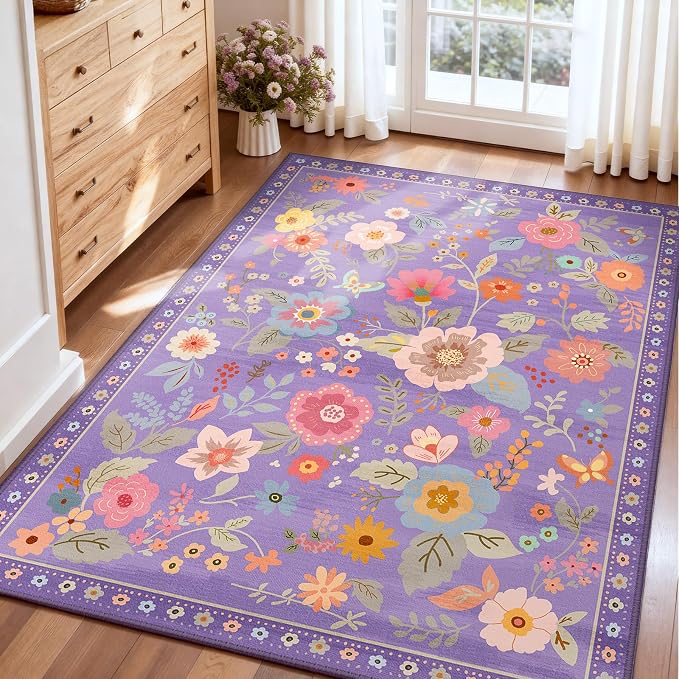 RELEANY Floral Washable 3x5 Area Rugs Purple/Pink | Flower Carpet Print Boho - Image 9