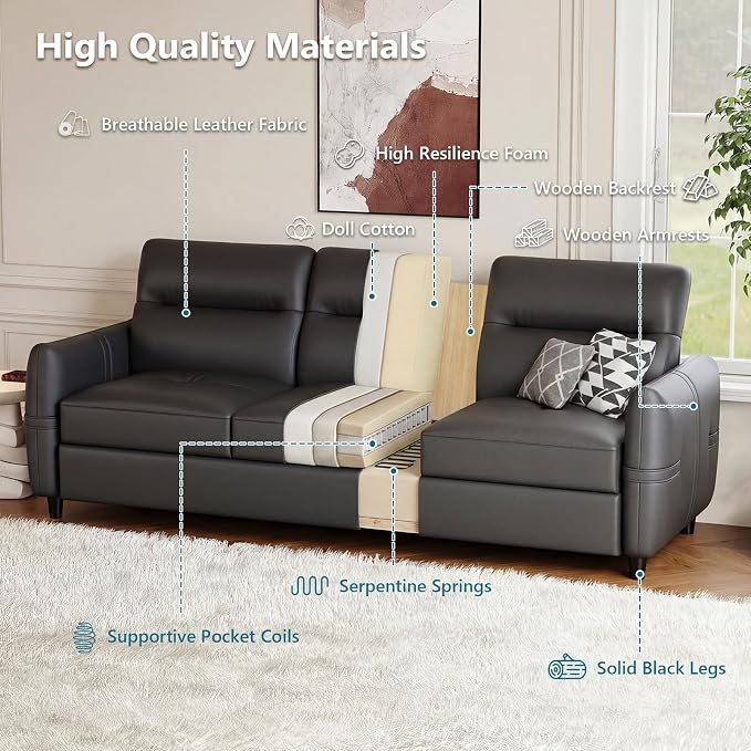 STHOUYN 85” Black Faux Leather Couch - Image 6