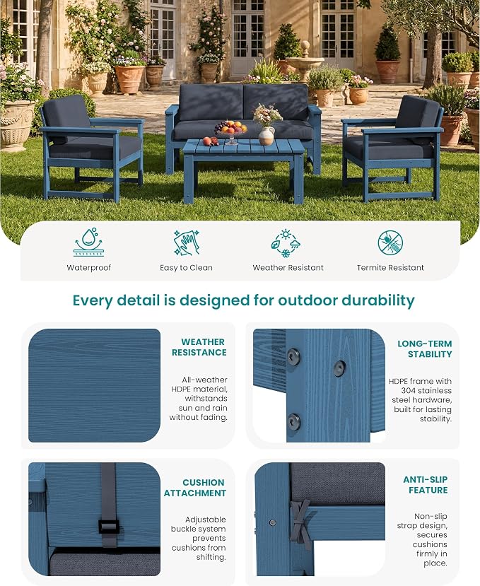 SERWALL Blue HDPE Outdoor Loveseat - Image 5
