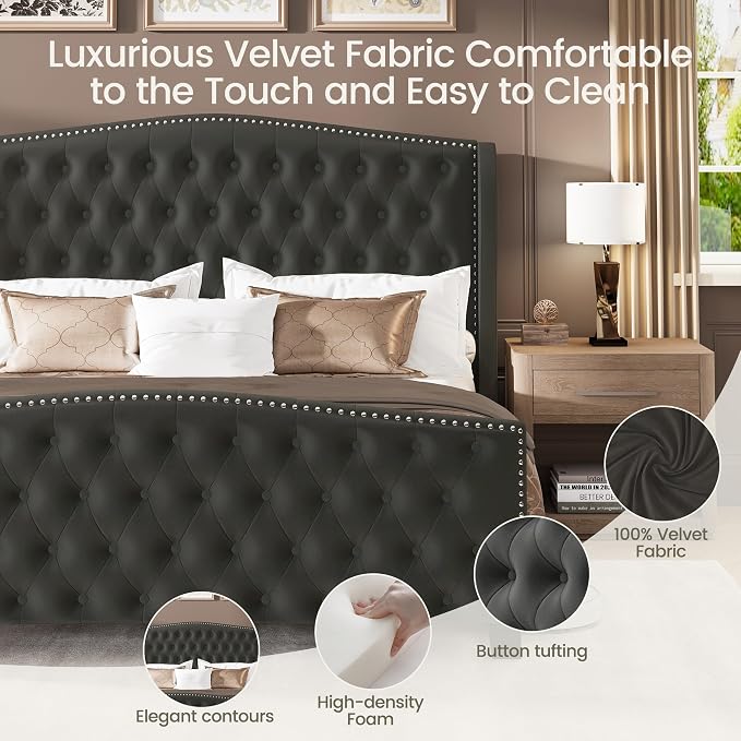 LARMACE King Size Bed Frame Velvet Upholstered Platform Bed - Image 5