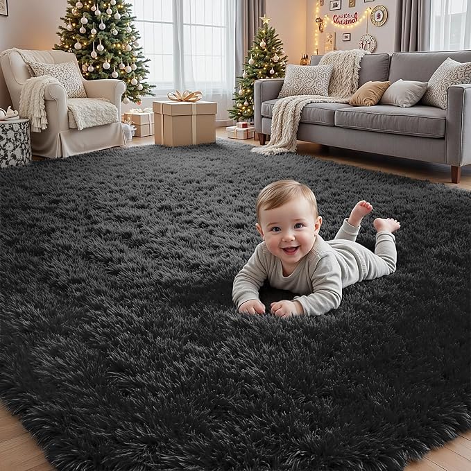 4x6 Fluffy Shag Area Rugs for Living Room Bedroom: Soft Plush Carpet Black | - Image 4