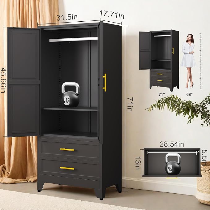 GAIOUS Steel Armoire Wardrobe Closet, 1 Adjustable Shelf and 2 Drawers - Image 2