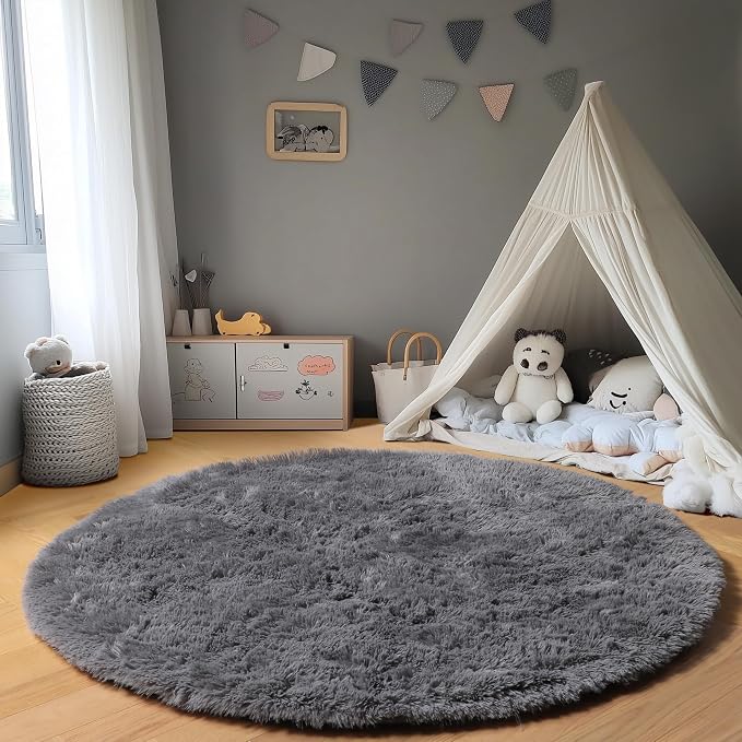 Grey Round Area Rug 4ft, Fluffy Plush Shaggy Carpet Mats - Image 6