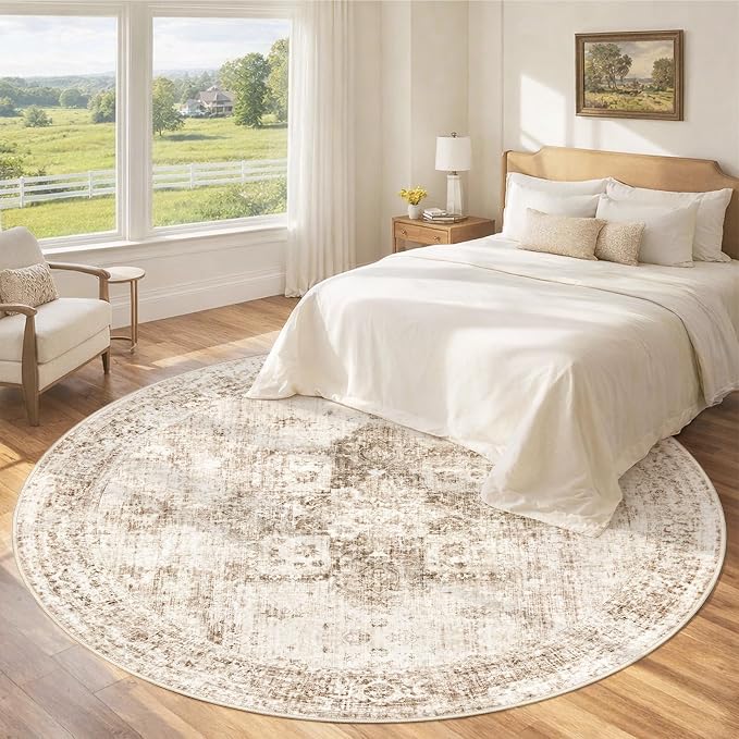 Round Rugs 6ft Washable Rug, Vintage Boho Medallion Rugs Non-Slip Soft Low Pile - Image 3